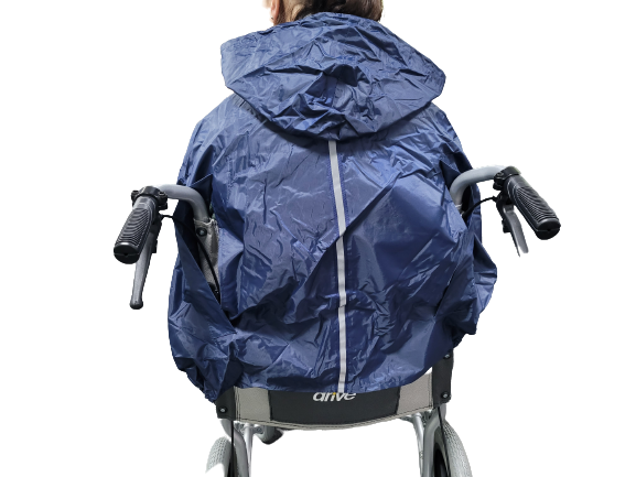 A close up of the back someone wearing a Simplantex Universal Wheely Mac, in a wheelchair