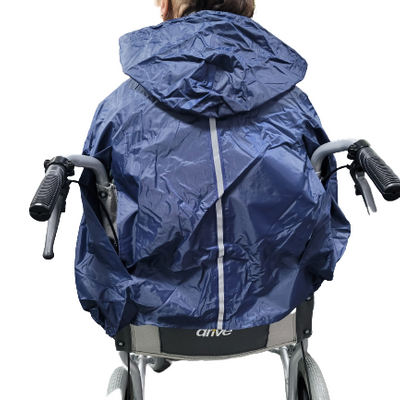 A close up of the back someone wearing a Simplantex Universal Wheely Mac, in a wheelchair