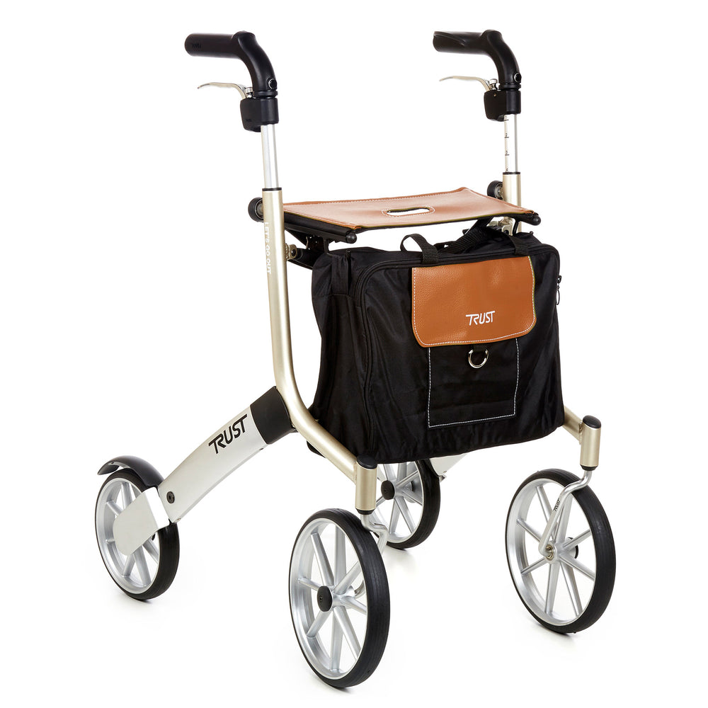 The Beige & Silver Let's Go Out Rollator/Walker with the bag