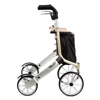 A side view of the Beige & Silver Lets Go Out Rollator/Walker with its bag