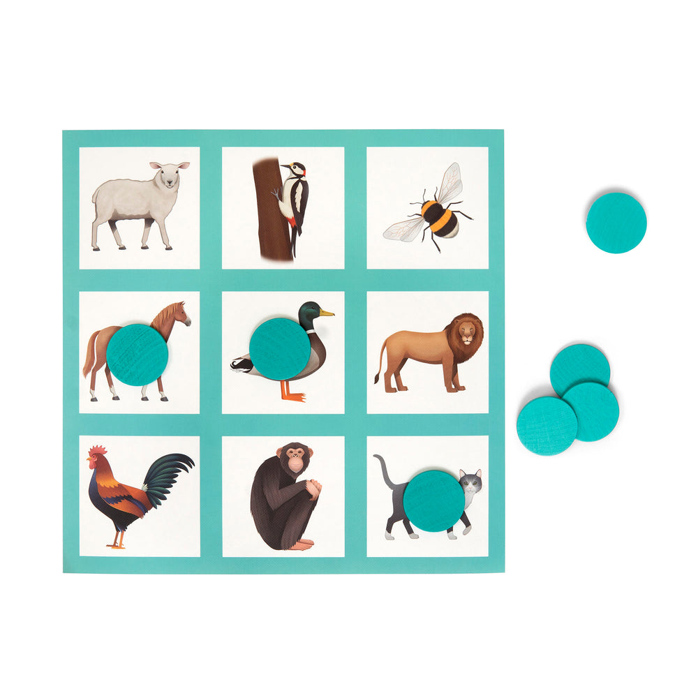 shows an animal bingo card with three markers on it (and four markers to the side of it)