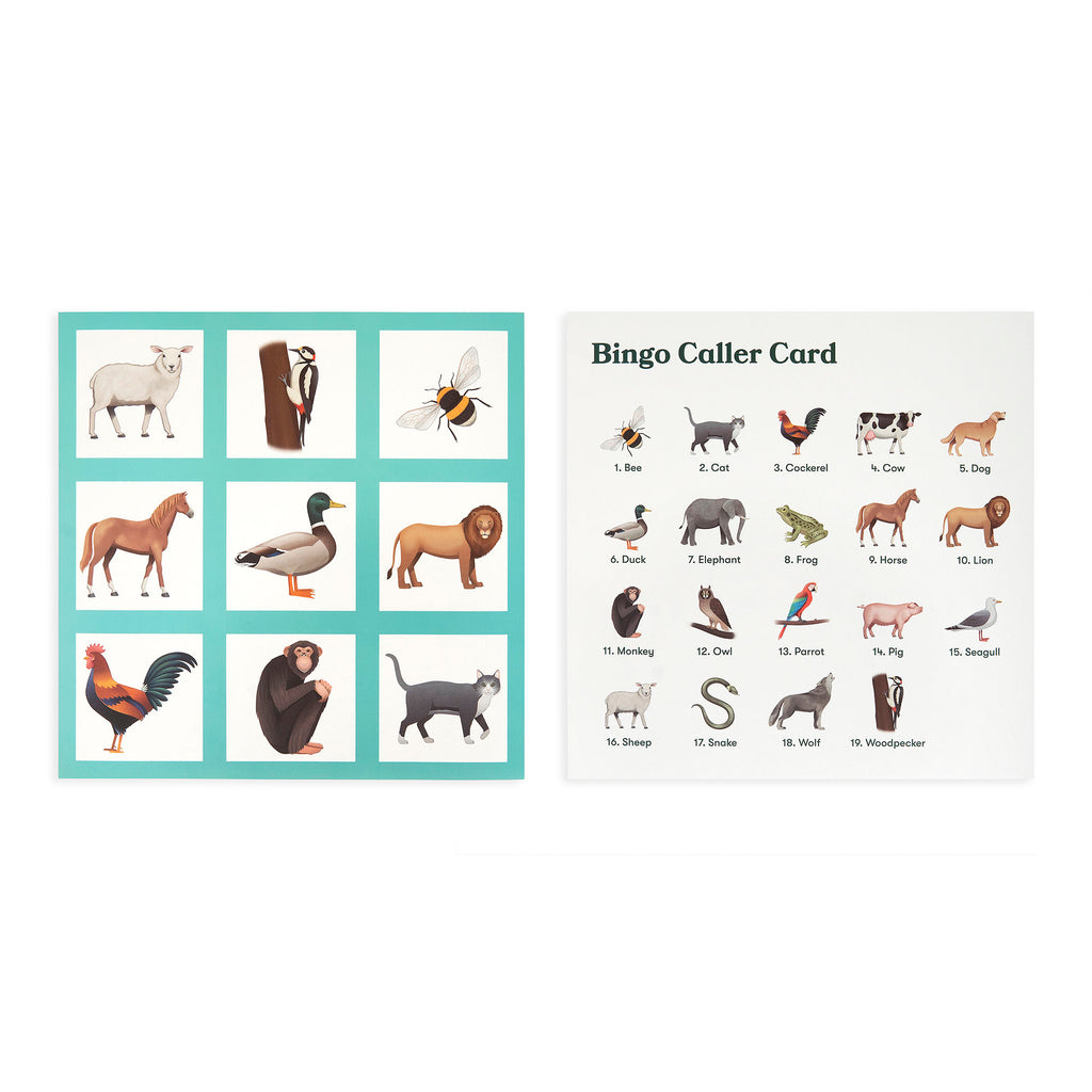 shows on of the animal bingo cards and a bingo caller card