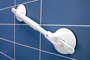 shows Mobeli Dual Adjustable grab rail fixed to bathroom wall tiles