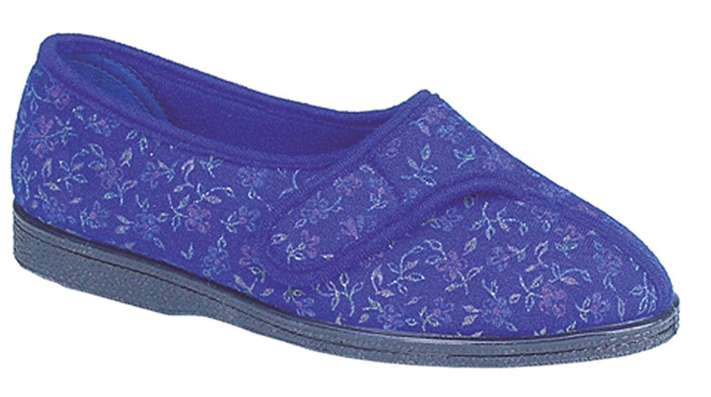 A close up of a blue Ladies Dora Touch Fastening Wide Fit Slipper