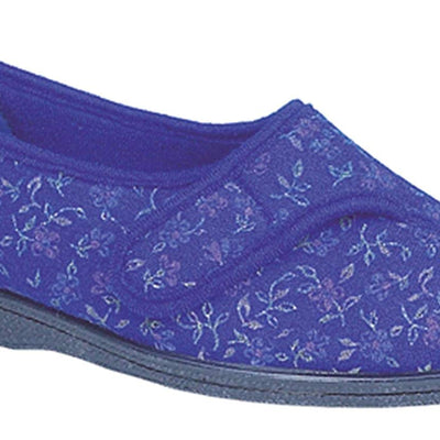 A close up of a blue Ladies Dora Touch Fastening Wide Fit Slipper