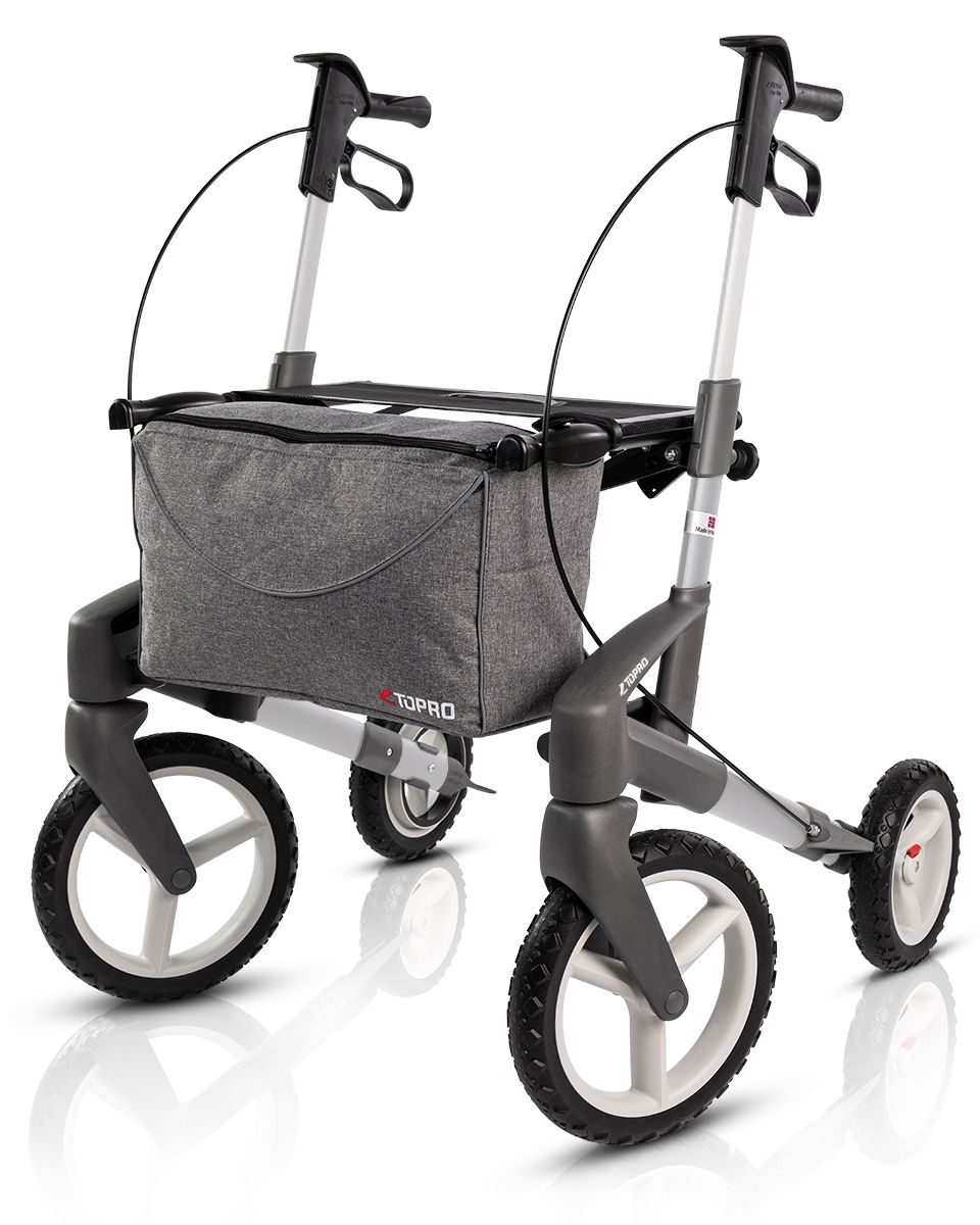 The image shows a front view of the silver topro olympus rollator