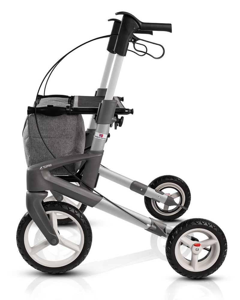 the image shows the side view of the silver topro olympus rollator