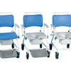 the Atlantic Bariatric Commode and Shower Chair in three states- with seat lid and footrest in place, without seat lid in place and without either the seat lid or footrest.