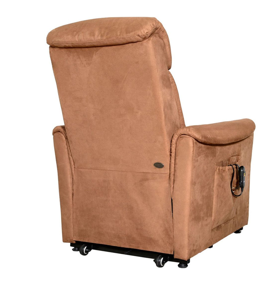 shows the rear view of the caramel coloured modena rise and recline chair