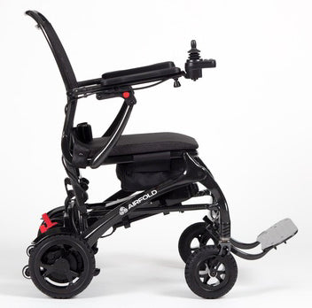 the image shows a side view of the airfold powerchair in black