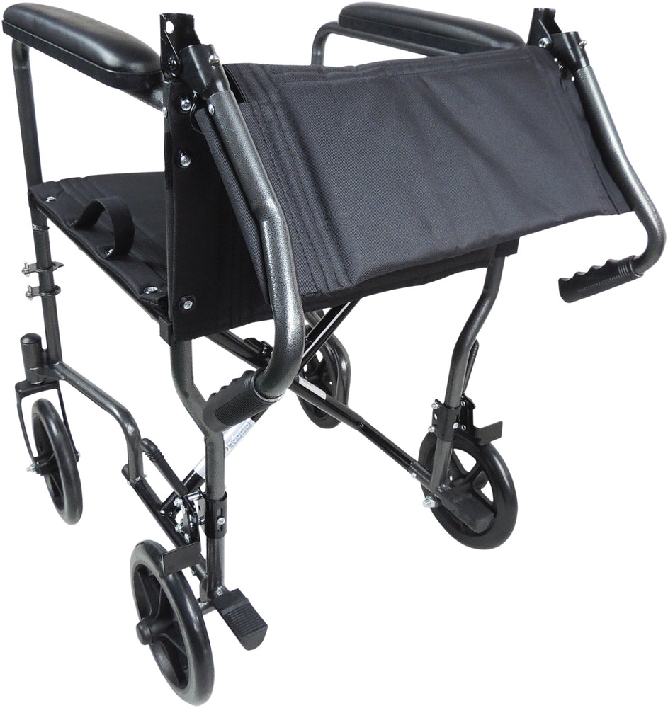 A rear view of the black Steel Compact Transport Wheelchair