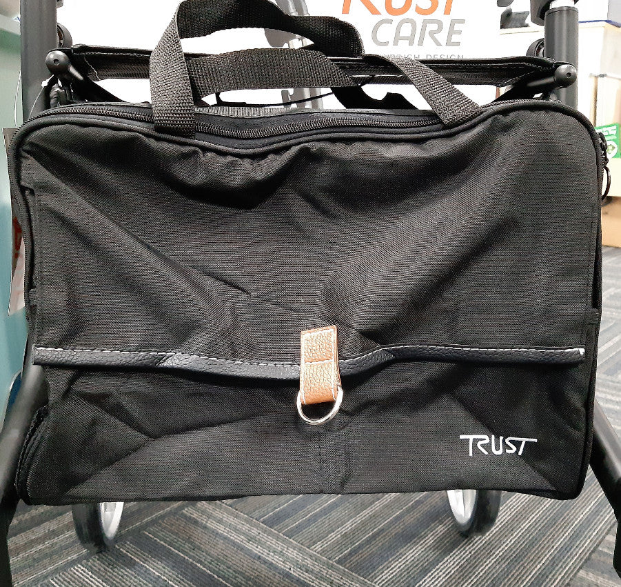 A close up of the black bag that comes with the Let's Go Out Rollator