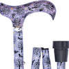 the image shows the classic canes folding fashion derby cane with the bats design; black bats on a dark pink background with gold, silver stars and black tree sillouhettes