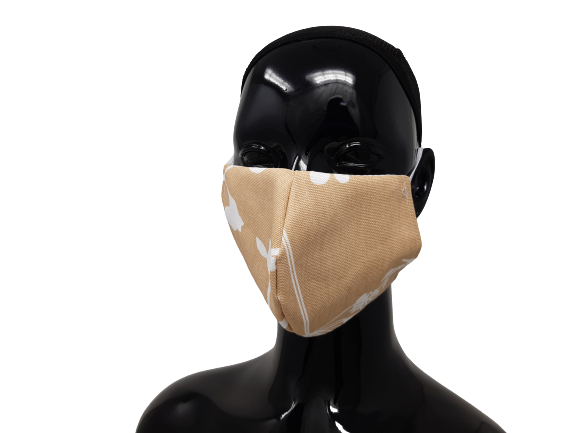 shows the beige with white flowers washable reusable face mask