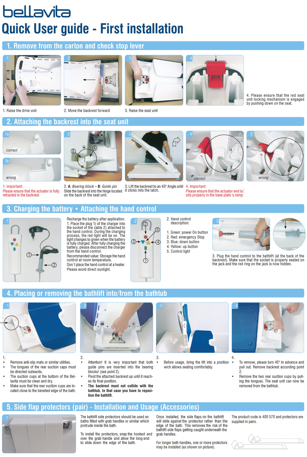 Bellavita Bath Lift Quick User Guide - First Installation