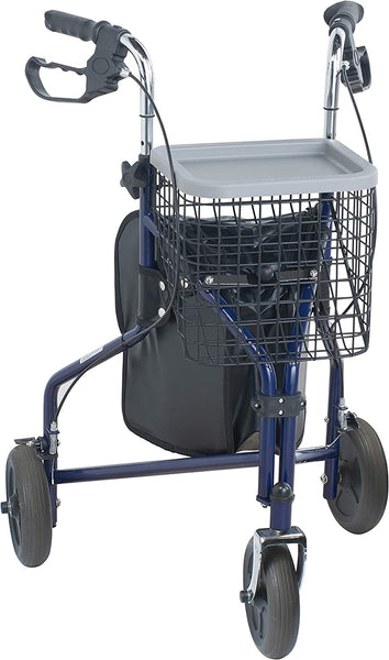Steel Tri/Three Wheel Walker - Blue with Bag and Basket