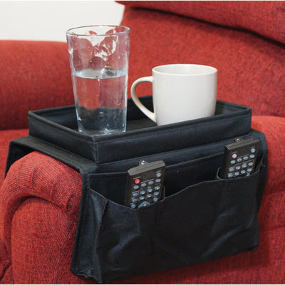 Arm Rest Organiser on red arm chair