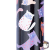 the image shows a close up of the crazy cats pattern; red, white and purple cartoon cats on a black background