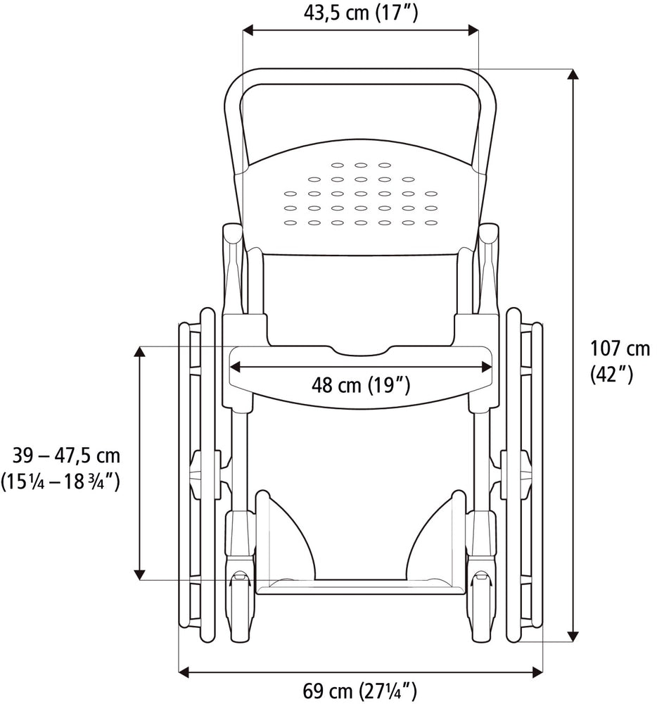 shows the dimensions of the Etac Clean Self Propelled Shower Commode Chair