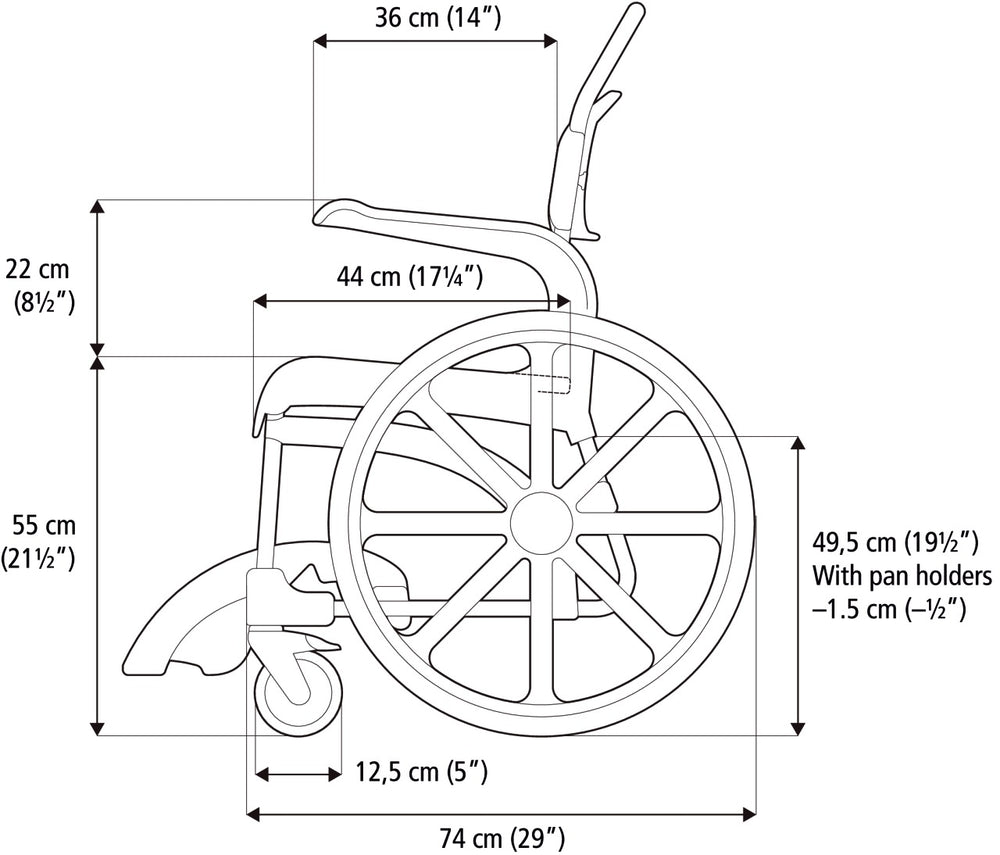 shows a cross section of the Etac Self Propelled Shower Commode Chair in white with the product measurements