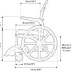 shows a cross section diagram of the Etac Clean Self Propelled Shower Commode Chair with its measurements