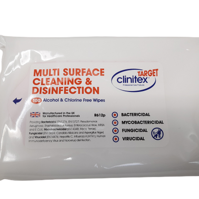 shows a pack of clinitex multi surface disinfection wipes pack of 100 wipes