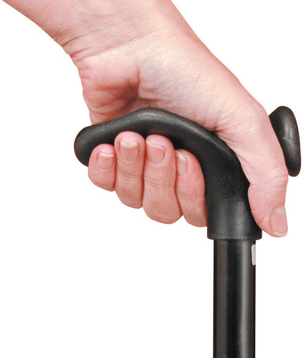 shows someone using the comfort grip adjustable height walking stick