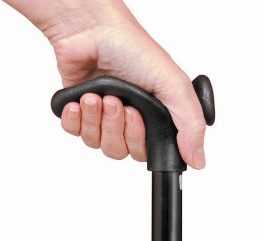 shows a hand gripping the left-handed version of the ergonomic height adjustable folding cane