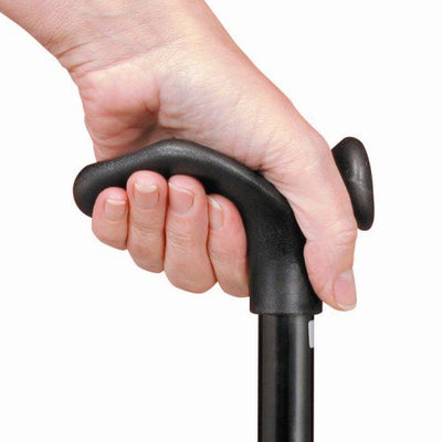 shows a hand gripping the left-handed version of the ergonomic height adjustable folding cane