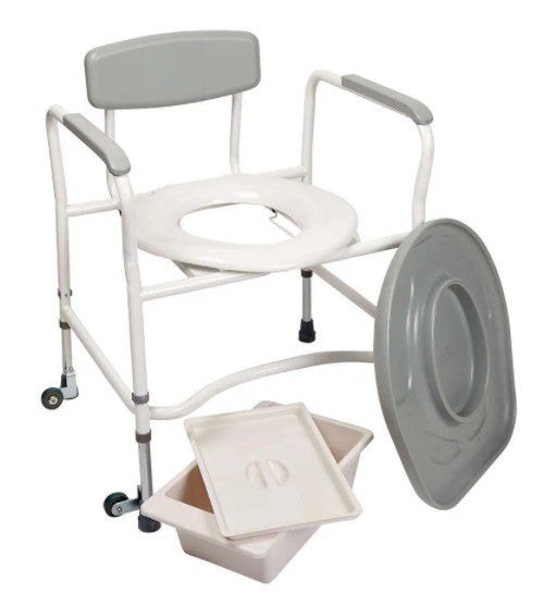 Bariatric commode with fixed arms - seat cover removed and potty on display