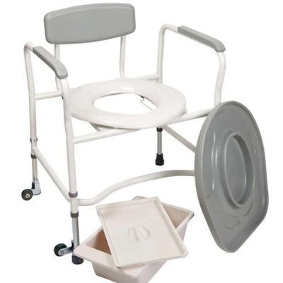 Bariatric commode with fixed arms - seat cover removed and potty on display