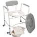 Bariatric commode with fixed arms - seat cover removed and potty on display