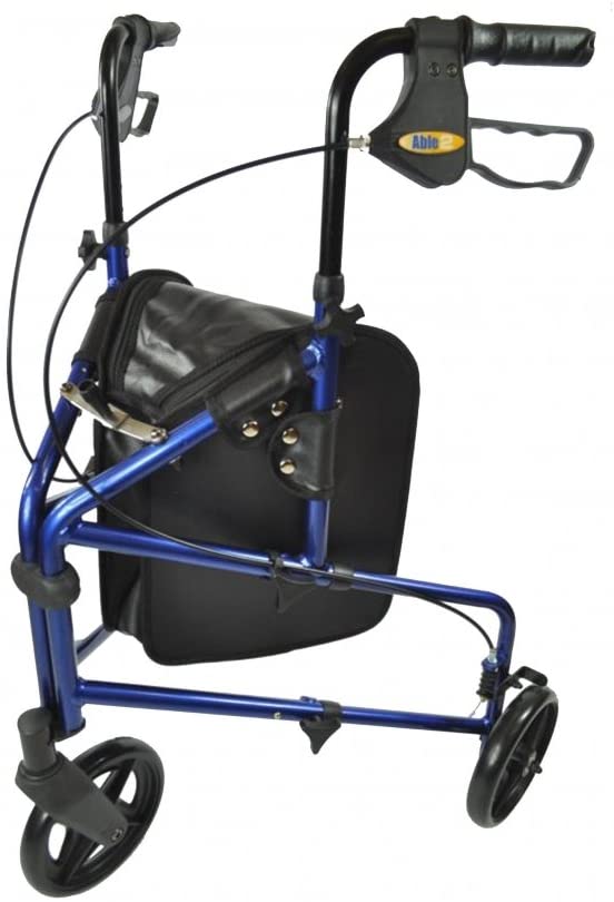 The image shows the compact aluminium tri wheel walker in blue