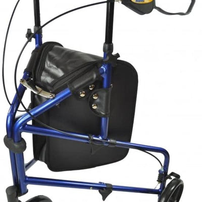 The image shows the compact aluminium tri wheel walker in blue