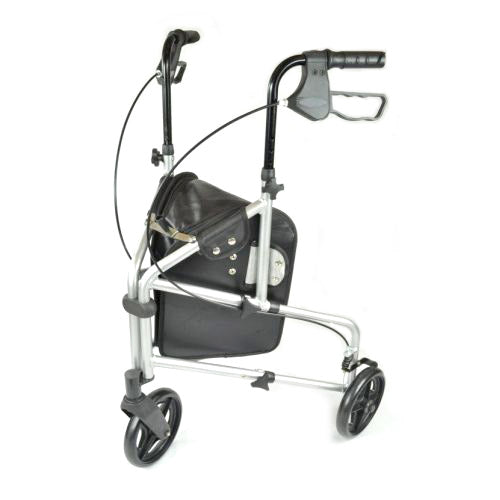 The image shows the compact aluminium tri wheel walker in silver