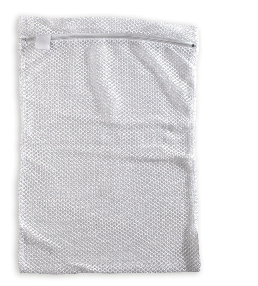 shows a mesh laundry bag with zip-lock mechanism, laid flat against a white background