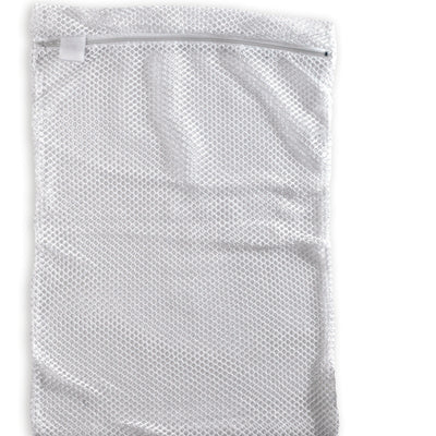 shows a mesh laundry bag with zip-lock mechanism, laid flat against a white background