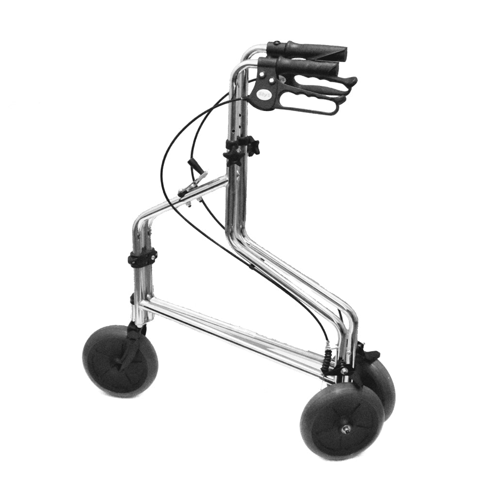 shows the chrome Days Steel Tri Wheel Walker when folded 