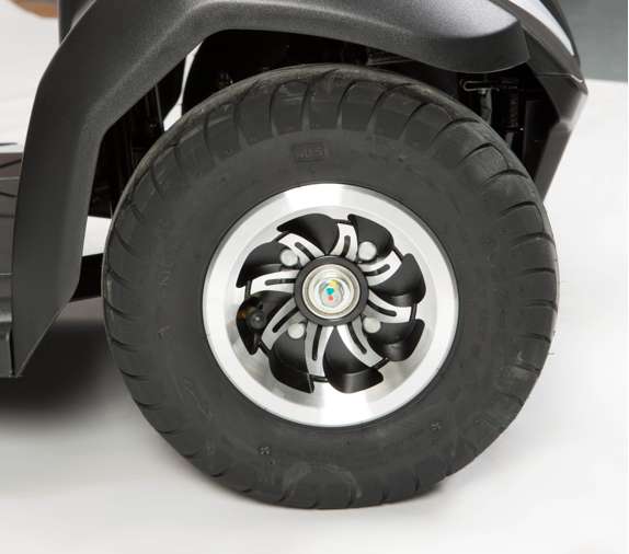 the image shows a close up of a wheel on the envoy 4 mobility scooter