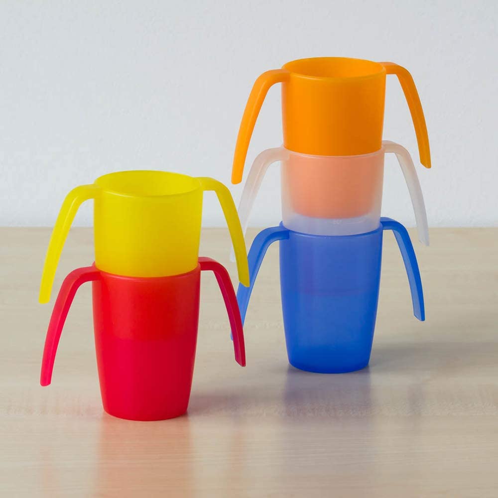 The five different colours of Ergo Plus Cup, yellow, red, orange, clear, and blue.