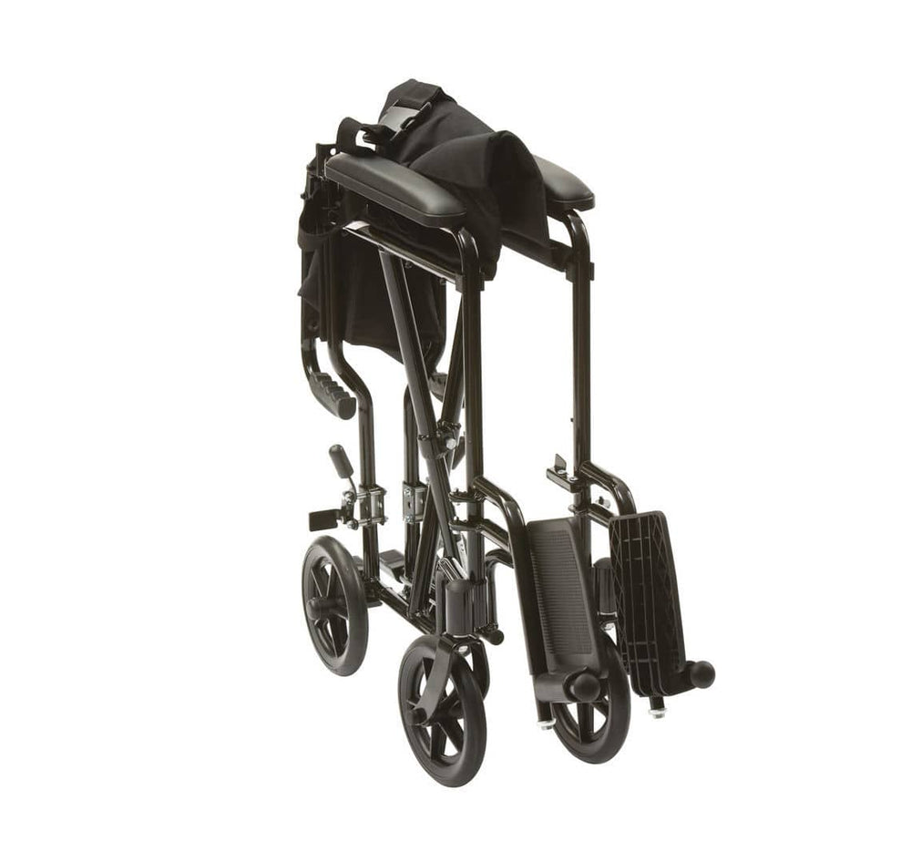 A folded up black Lightweight Aluminium Travel Wheelchair