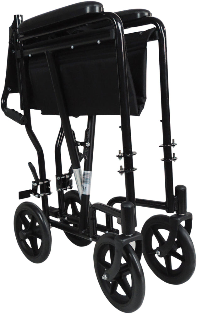 A folded up black Steel Compact Transport Walker