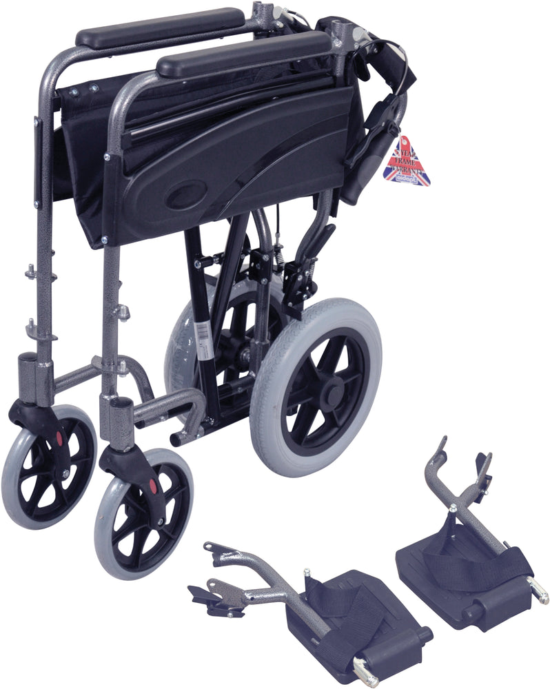 A folded up Compact Transport Aluminium Wheelchair