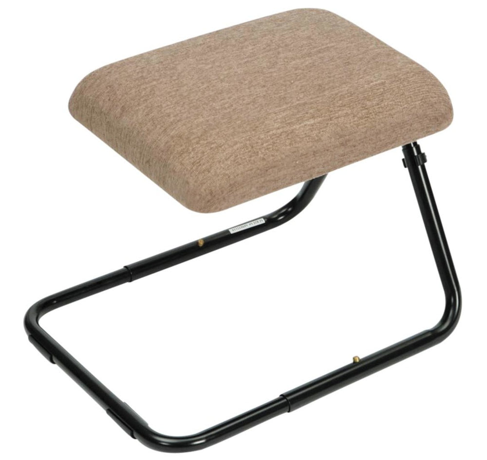 The beige cushioned footstool with black metal frame