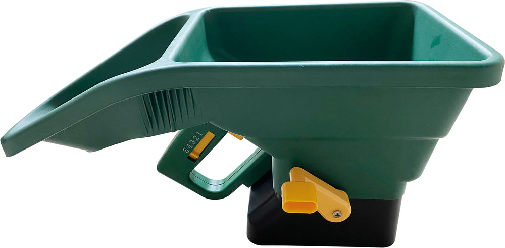 Home and Garden Manual Seed Spreader, side view with 5 spreading width settings
