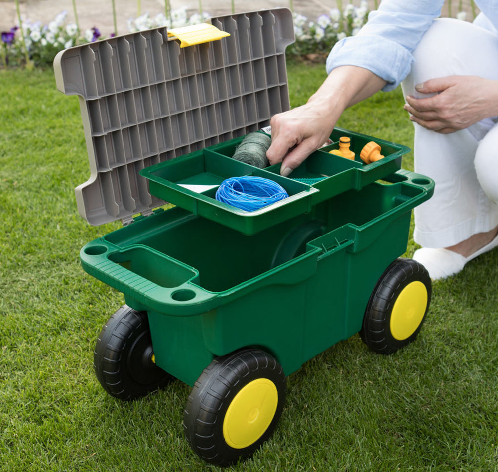 shows an open garden roller stool with the inside storage departments