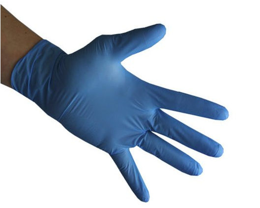 shows a hand wearing a nitrile powder free glove
