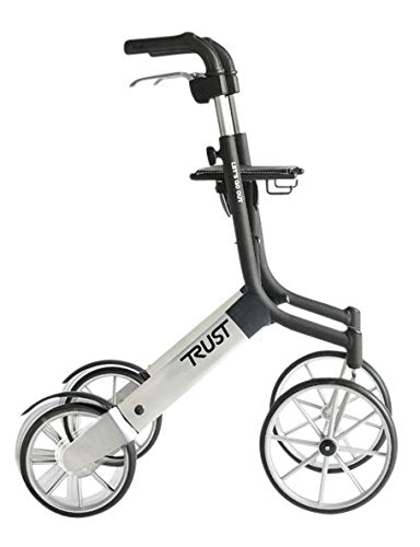 A sideways view of the Lets Go Out Rollator in black and silver