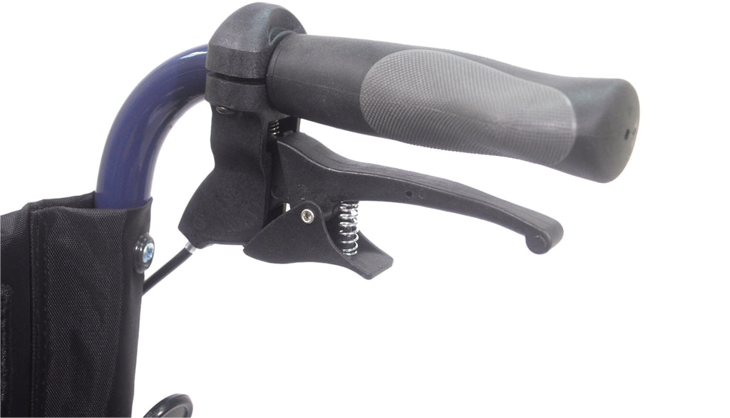 A close up of the handle and brake on a Transport Aluminium Wheelchair