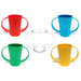 The five colours of polycarbonate two handled beakers; Red, Blue, Green, Clear, and Yellow